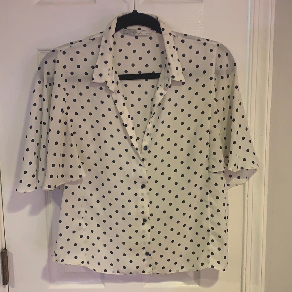 Zara Polka Dot Blouse (white/navy) Size L